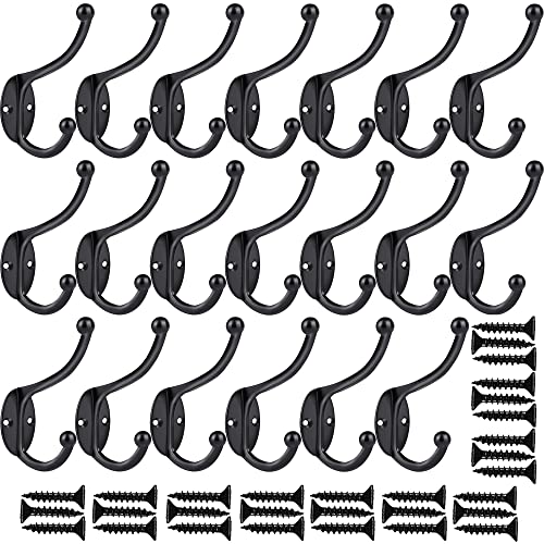 ZEYU 20Pcs Wall Hooks, Coat Hooks Hardware Heavy Duty Hooks for Hanging Coats Double No Rust Black Hook Wall Mounted with Screws for Key, Towel, Bags, Cup, Hat - color: 20Pcs Black