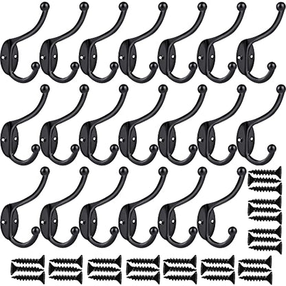 ZEYU 20Pcs Wall Hooks, Coat Hooks Hardware Heavy Duty Hooks for Hanging Coats Double No Rust Black Hook Wall Mounted with Screws for Key, Towel, Bags, Cup, Hat - color: 20Pcs Black