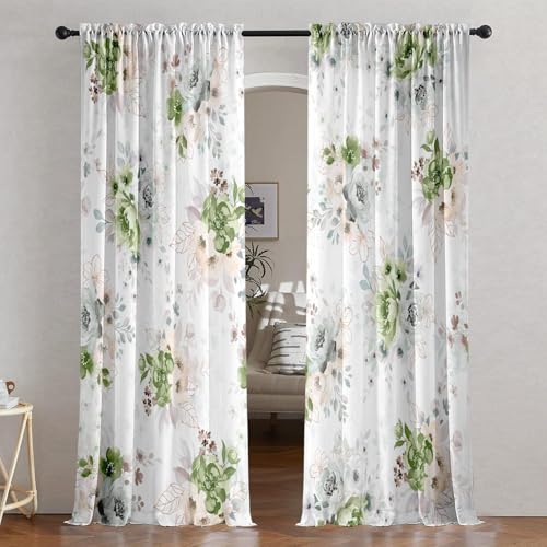Floral Curtains 84 Inches Long for Living Room 2 Panels,Green Flower Vintage Farmhouse Curtains Semi Sheer Light Filtering Pink Curtain for Bedroom,Rod Pocket Drapes Boho Curtain Room Decor - color: Green Floral, size: 52"W x 84"L (Pack of 2)