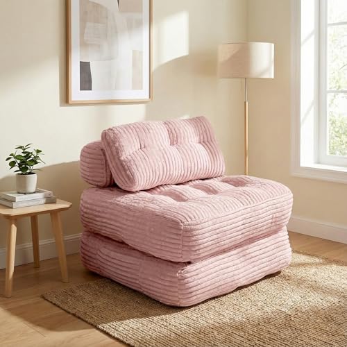 Boneless Chair Folding Sofa Bed, Sleeper Chair, Pink, Single | Fold Out Chair Bed, Portable with Pillow, Back Support, For living Room Bedroom, Comfy Mattress for Adults - color: Pink, size: Single