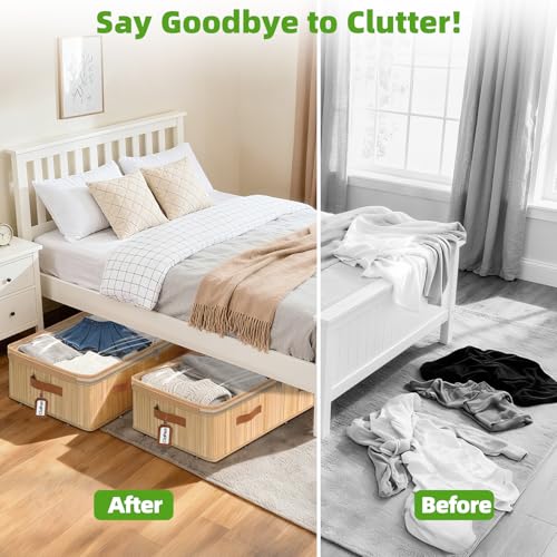 Livole 2 Pack Bamboo Under Bed Storage Containers with Wheels | Breathable Bamboo, Invisible Wheels, 6 inches Height, 56L Large Capacity, Easy Setup, Handles, Clear Lid