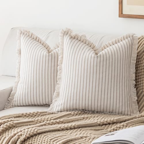 YEENAASY Throw Pillow Covers 18x18 Boho Striped Pillow Cases with Tassel | Set of 2 Fringe Pillow Cover Farmhouse Cushion Covers Neutral Pillows Decorative Square Pillowcase for Couch Sofa Bed, Khaki - color: Khaki, size: 18" x 18" (Pack of 2)