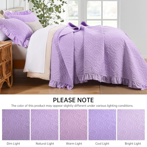 DJY Queen Quilt Set, Ruffled Bedding, Lavender Purple Bedspreads | Lightweight Soft Coverlet, 3 Piece Basket Weave Quilted Blanket Thin Quilt Bed Cover for All Season, 96''x90'' - color: Lavender, size: Queen