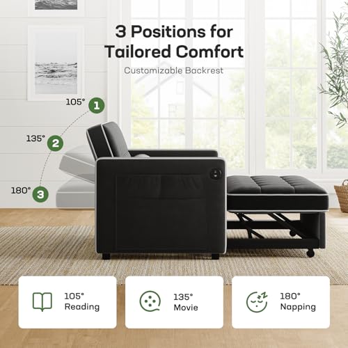 Marsail 3-in-1 Convertible Futon Sleeper Sofa Bed, Pull Out Couch with Adjustable Backrest, USB Charging & Side Pockets, Velvet Fabric Sofa for Living Room, Apartment, Loveseat, Dark Black - color: Dark Black