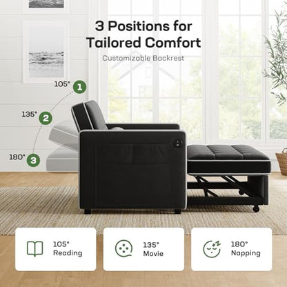 Marsail 3-in-1 Convertible Futon Sleeper Sofa Bed, Pull Out Couch with Adjustable Backrest, USB Charging & Side Pockets, Velvet Fabric Sofa for Living Room, Apartment, Loveseat, Dark Black - color: Dark Black