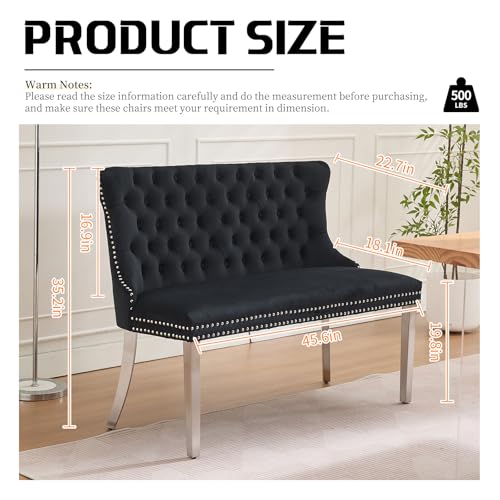 Black Velvet Dining Bench with Back, Tufted Banquette Seating, Silver Legs | Upholstered loveseat bench; tufted back; nailhead trim; 500 lb capacity; foam and spring seat; dining room or entryway - color: Black(silver Stainless Steel Legs)
