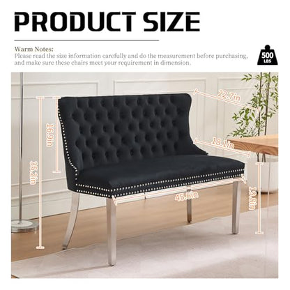 Black Velvet Dining Bench with Back, Tufted Banquette Seating, Silver Legs | Upholstered loveseat bench; tufted back; nailhead trim; 500 lb capacity; foam and spring seat; dining room or entryway - color: Black(silver Stainless Steel Legs)
