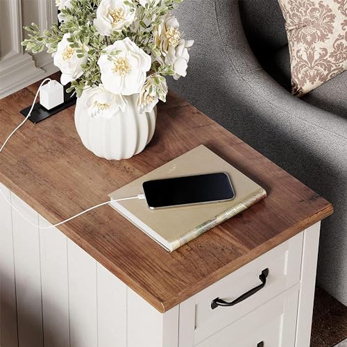 WAMPAT Off White Side Table with Charging Station, Tall Nightstand with Drawer for Bedroom, Narrow End Table Wooden Bedside Table with USB Ports & Power Outlets for Living Room - color: Off White