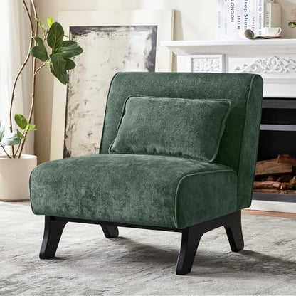 Armless Accent Chair Comfy Upholstered Modern Living Room Side Chair | Comfy Small Accent Lounge Chair with Pillow & Wooden Legs Accent Chair for Living Room Bedroom Farmhouse Reading Green - color: Dark Green
