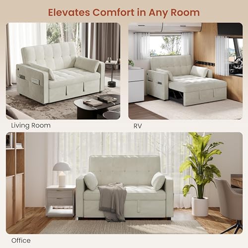 Yaheetech 3 in 1 Sofa Bed Convertible Sleeper Sofa with USB Ports, Beige | Velvet Pull Out Couch Folding Loveseat Sleeper, Armrest Pillows, USB Ports, Side Pockets for Living Room Bedroom Apartment - color: Beige