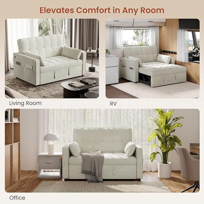 Yaheetech 3 in 1 Sofa Bed Convertible Sleeper Sofa with USB Ports, Beige | Velvet Pull Out Couch Folding Loveseat Sleeper, Armrest Pillows, USB Ports, Side Pockets for Living Room Bedroom Apartment - color: Beige