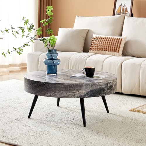 Round Coffee Table, Small Wood Marble Coffee Table with Metal Legs, Modern Mid Century Circle Tables Accent Center Tables for Living Room Apartment Small Space (31.5''D-Marble Grey) - color: Marble Grey