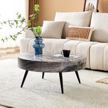 Round Coffee Table, Small Wood Marble Coffee Table with Metal Legs, Modern Mid Century Circle Tables Accent Center Tables for Living Room Apartment Small Space (31.5''D-Marble Grey) - color: Marble Grey