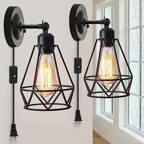 Plug in Wall Sconce, Industrial Sconces Wall Lighting, Vintage Wall Lamp with Plug in Cord, Rustic Black Sconce Fixture, On/Off Switch Sconce Light Fixture for Kitchen Bedroom Porch 2 Pack
