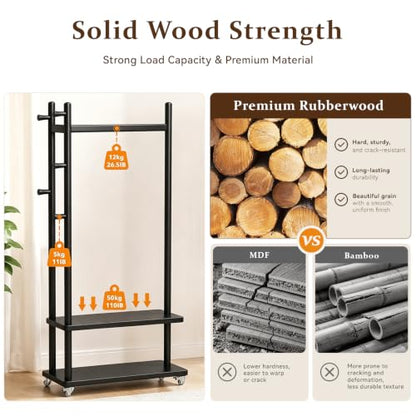 Coat Rack Solid Wood Stand Storage 2 Shelves 4 Hooks Black | Entryway hallway bedroom living room, durable wood construction, freestanding design, coats hats bags garments - size: Black - L:24.8''D×13''W×71''H (With Wheels)