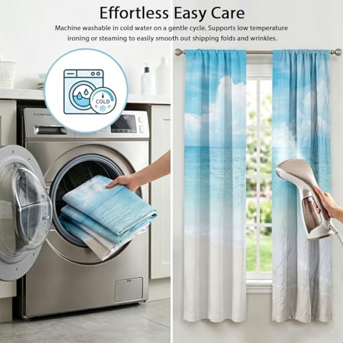zokyer Coastal Kitchen Curtains, Beach Theme, 27.5" W x 39" L, Rod Pocket | 2 Panels, Hawaiian Tropical Nautical Seascape, S-ummer Blue Sea Sky Ocean Landscape, Sand Short Window Drapes Tiers Decor - size: 27.5"W x 39"L (Pack of 2)