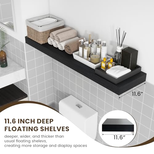 48 Inch Floating Shelf, 12'' Deep Black Shelves for Wall Set of 1 | Invisible Brackets, Engineered Wood, Mounting Hardware Included, 50LBS, Bathroom, Laundry Room, Kitchen, Living Room - color: Black, size: 48W x 11.6D x 2H, 1 Pack