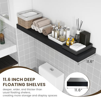 48 Inch Floating Shelf, 12'' Deep Black Shelves for Wall Set of 1 | Invisible Brackets, Engineered Wood, Mounting Hardware Included, 50LBS, Bathroom, Laundry Room, Kitchen, Living Room - color: Black, size: 48W x 11.6D x 2H, 1 Pack