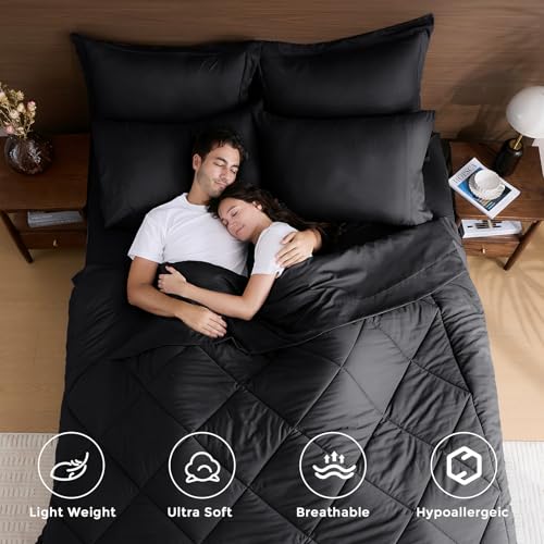 7-Piece Full Comforter Set, Black | Reversible, All-Season, Soft, 7 Piece Set, All-Season Reversible Bed in a Bag, Flat Sheet, Fitted Sheet, Pillowcases - color: Black, size: Full