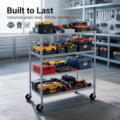 Finnhomy 4 Tier Heavy Duty Commercial Grade Rolling Cart with Handle Bar, Metal Wire Utility Cart with Wheels, Kitchen Service Trolley on Wheels, Shelf Size 18" D x 36" W, NSF, Chrome - size: 36"L x 18"W x 46.4"H-4 Tier, style: Chrome Cart