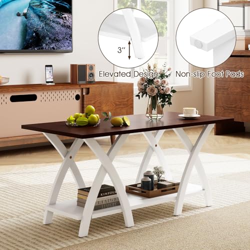Giantex Farmhouse Coffee Table, 2-Tier Wood Center Table with Storage Shelf & X-Shaped Support Legs, 40 Inch Rectangular Living Room Table with Open Display Area for Small Space (Walnut&White) - color: Walnut & White