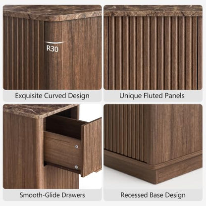 win2win Narrow End Table with Charging Station, Fluted Drawers, Walnut | Tall Small Side Table with Storage , Mid-Century Modern Nightstand with Faux Marble Top , Wood Beside Table for Living Room - color: Walnut