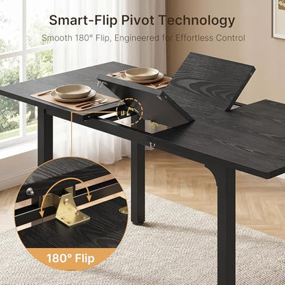 63“ Extendable Dining Table Set with 180° Smart-Flip Pivot, Black | Dining Table Set for 4,Kitchen Table with Bench,Small Dining Table,Perfect for Small Space,Dinner Room Table Set for 6 - color: Black