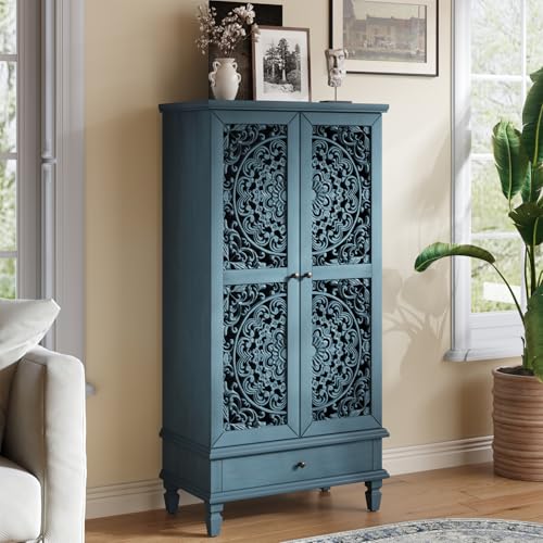 Accent Cabint with Doors, 55" Tall Vintage Storage Cabinet Blue | Modern Mid Century Cabinet Hollow Carved Door Pantry with 1 Drawer Accent Sideboard For Living Ding Room Entryway Hallway - color: Blue55"