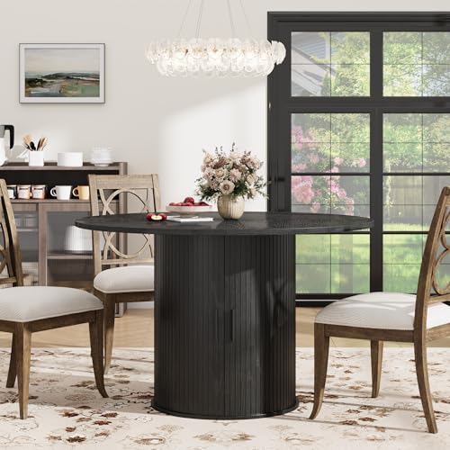 IDEALHOUSE 47 Inch Round Dining Table for 4, Black | With 2-Tier Shelf and Wood Slide Door, Pedestal Dinner Table Space Saving, T-Shape Base, Dining Room, Modern Black Finish - color: Black