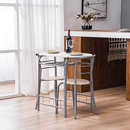 VINGLI 3 Piece Dining Set, Small Kitchen Table Set for 2, Breakfast Table Set, Kitchen Wooden Table with 2 Chairs for Small Space/Dining Room/Apartment, Metal Frame, Wine Rack, Beige - color: Beige