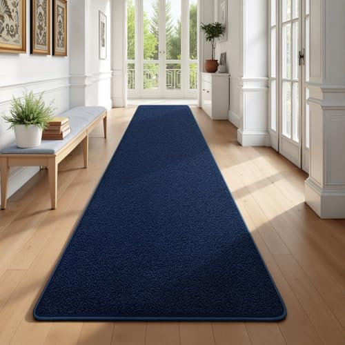 Runner Rug for Hallway, 2x10 Navy Blue Washable Non Slip Runner Rug | Long Rug, Memory Foam, Low Pile, Solid Minimalist, Soft Modern Indoor Carpet for Bedroom Kitchen Entrance Living Room - color: Navy Blue, size: 2' x 10' (Runner)