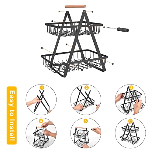 mahueeol 2-Tier Metal Fruit Basket for Kitchen Counter with Wooden Handle | Detachable rectangular baskets hold fruits, vegetables, bread and snacks; use stacked or separately in kitchens and pantries - color: Black