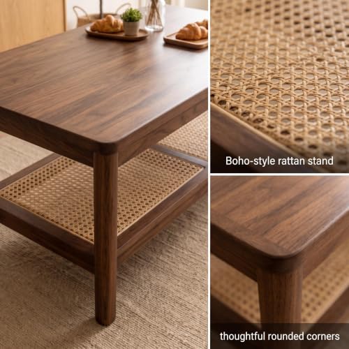 GAOMON 2-Tier Coffee Table for Living Room, Rectangular Center Table with Rattan Storage Shelf for Small Space, Easy Assembly, Walnut - color: Walnut