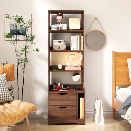 Farmhouse 58-Inch Night Stands with Bookshelf & 2 Storage Drawers, Tall Nightstand with Storage Shelves for Bedroom, Living Room, Study, Vertical Space Saving Design (Walnut) - color: Walnut