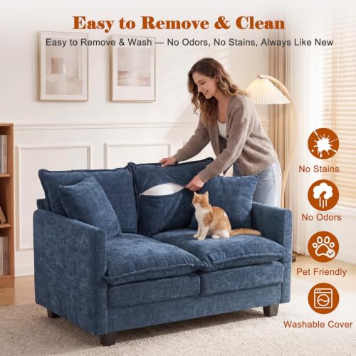 50'' Loveseat Sofa Set, Small Couch Set 2 Piece Cloud Love Seat with 27" Deep Seat Washable Chenille Pillows Couches for Small Spaces Apartment Living Room, Blue - color: Blue, size: 50"+50"