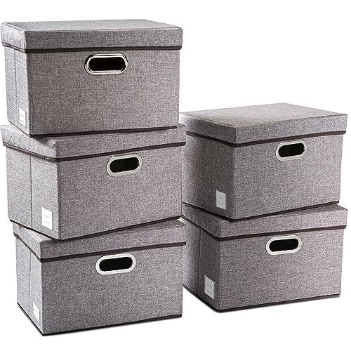 Collapsible Storage Containers with Lids [5-Pack] Linen Fabric Foldable Storage Bins Boxes Organizer Baskets Cube with Cover for Home Bedroom Closet Office Nursery (14.9x9.8x9.8) - color: Gray, size: M(5-Pack)