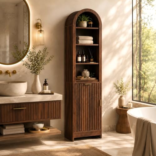 VINGLI Tall Bathroom Storage Cabinet, 66.9" Freestanding Narrow Linen Cabinet with Arched Open Shelves, Drawer & Door, Slim Skinny Wood Cabinet for Bathroom, Living Room, Entryway, Dark Walnut - color: Dark Walnut, size: 67"H Arched Narrow Cabinet