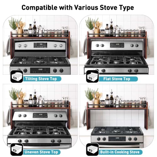 Spice Rack Shelf for Kitchen Stove, Over The Stove Shelf with 4 Hooks, Premium Wood & Metal Commbined Spice Rack Organizer Extra Storage Countertop (Walnut) - color: Walnut