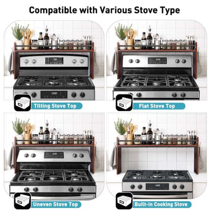 Spice Rack Shelf for Kitchen Stove, Over The Stove Shelf with 4 Hooks, Premium Wood & Metal Commbined Spice Rack Organizer Extra Storage Countertop (Walnut) - color: Walnut