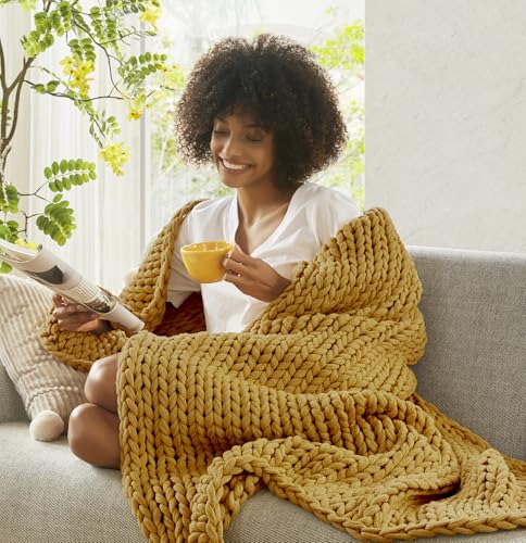 Madison Park Chunky Double Knit All Season Throw Blanket, 50 x 60, Yellow | Ultra Soft, Acrylic, Cozy Warmth for Sofa or Bed, Lightweight, Boho, OEKO-TEX Certified - color: Yellow