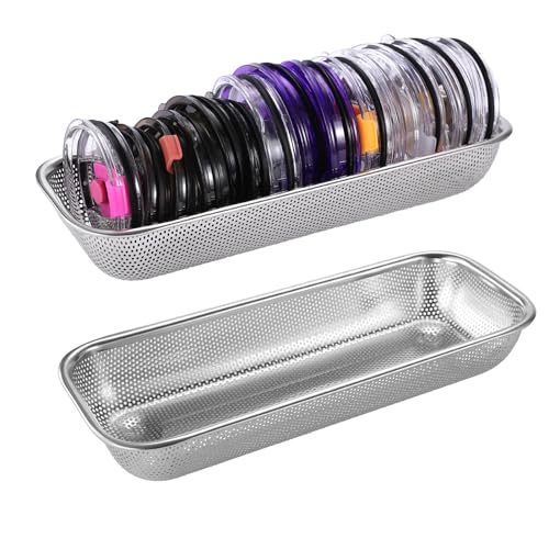 2Pack Stainless Steel Tumbler Cup Lid Organizer, Mason Jar Lid Holder | Rectangular, Stainless Steel Mesh, Cabinet Storage Basket, Silverware, Chopsticks, Straws, Utensils - style: SilverIndustrial-2pack