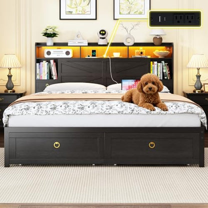 King Bed Frame with Storage Headboard, Farmhouse Platform Bed Frame with Bookshelf, Drawers, LED Lights and Charging Station, Metal Slats Support, Noise Free, No Box Spring Needed, Black - size: King