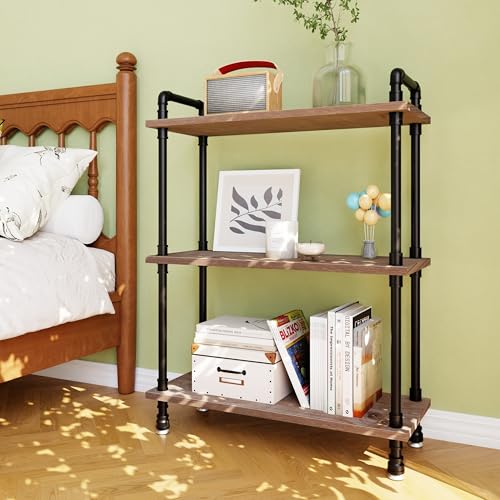 Industrial Bookshelf, Pipe Shelf Bookcase, 3 Tier, 30" Weathered Brown | Solid pine shelves, 30 inch wide, black pipe frame, 35 lbs per shelf, open bookcase for books, plants, office - color: Weathered Brown, size: 30"L × 39"H