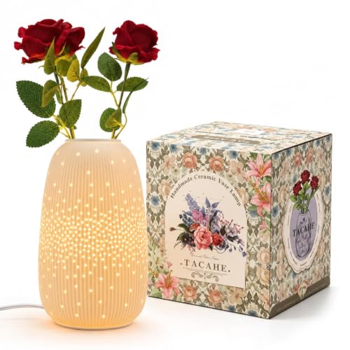 Ceramic Vase Table Lamp, 2700K Bulb & 3 Artificial Flowers Included | Handmade Openwork Craft - Inline Switch - E12 Socket - Starry 9.3" - style: Starry