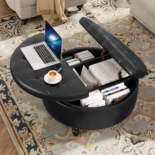 FiveWillowise 30 Inch Large Round Ottoman with Storage Circular,Black | Leather Coffee Table with Lift Top,Modern Upholstered Button Tufted Footrest Stool Solid Wood Legs for Living Room,Bedroom - color: Black