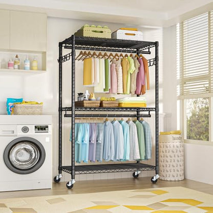 P1 Plus Rolling Clothes Rack, Heavy Duty Portable Closet Wardrobe | Freestanding Garment Clothing Rack with Wheels and Double Rods, 45"W x 17.7"D x 80.5"H, Max Load 524lbs, Black - color: Black, size: P1 Plus