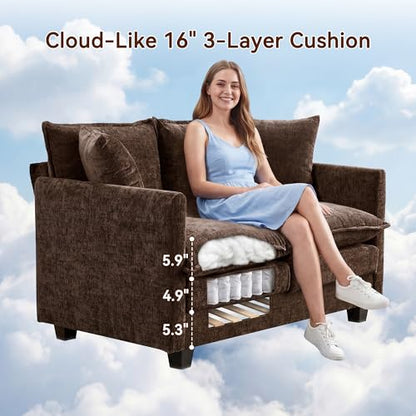Loveseat Sofa Couch 2 Piece Set, Small Compact 50" Love Seat 27" Deep Cloud Sofa Set Washable Chenille Pillow Living Room Set for Apartment Office 50-Brown-2+2 - color: Brown, size: 50"+50"