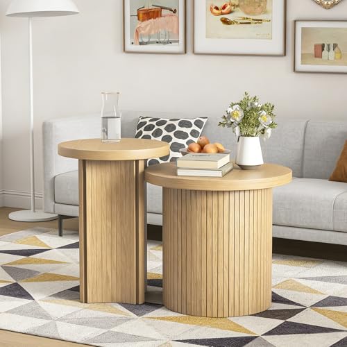Nesting Coffee Tables Set of 2,Farmhouse Small Round Side Tables | 17.6" End Table with Wooden Fluted,Stacking coffee tables Space Saving Sofa Table for Living Room,Easy Assembly - color: Small Size-set