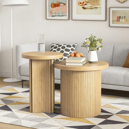 Nesting Coffee Tables Set of 2,Farmhouse Small Round Side Tables | 17.6" End Table with Wooden Fluted,Stacking coffee tables Space Saving Sofa Table for Living Room,Easy Assembly - color: Small Size-set