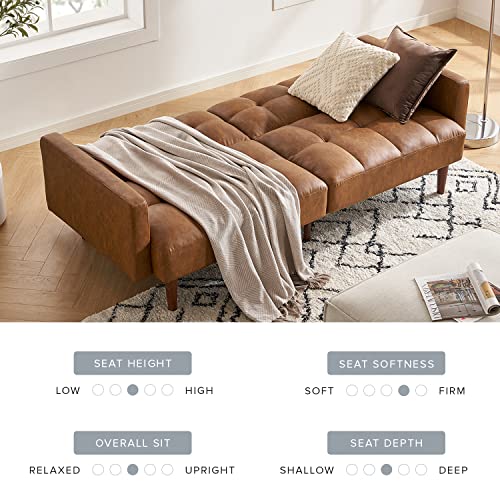 mopio 76.4" Futon Sofa Bed Tufted Styled, Sleeper Couch (Pecan Brown Faux Leather) - color: Aaron Pu, Pecan Brown